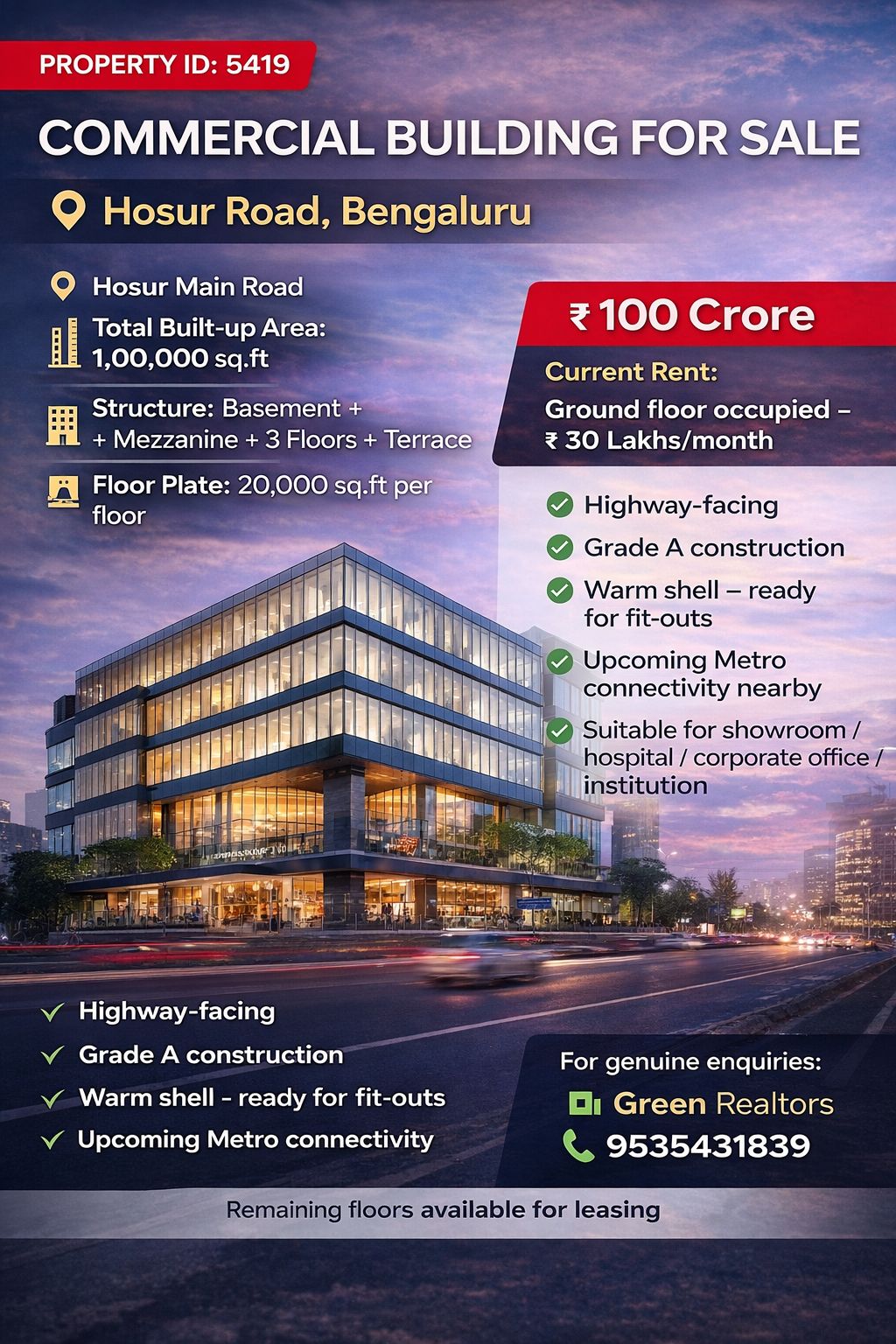 *property id 5419* 🏢 *Commercial Buildimg Available for sale in Hosur Road - Bengaluru*